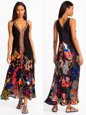 Johnny Was Eva Dress, Maxi Bohemian V-Neck, Black with Multicolor Print, Large